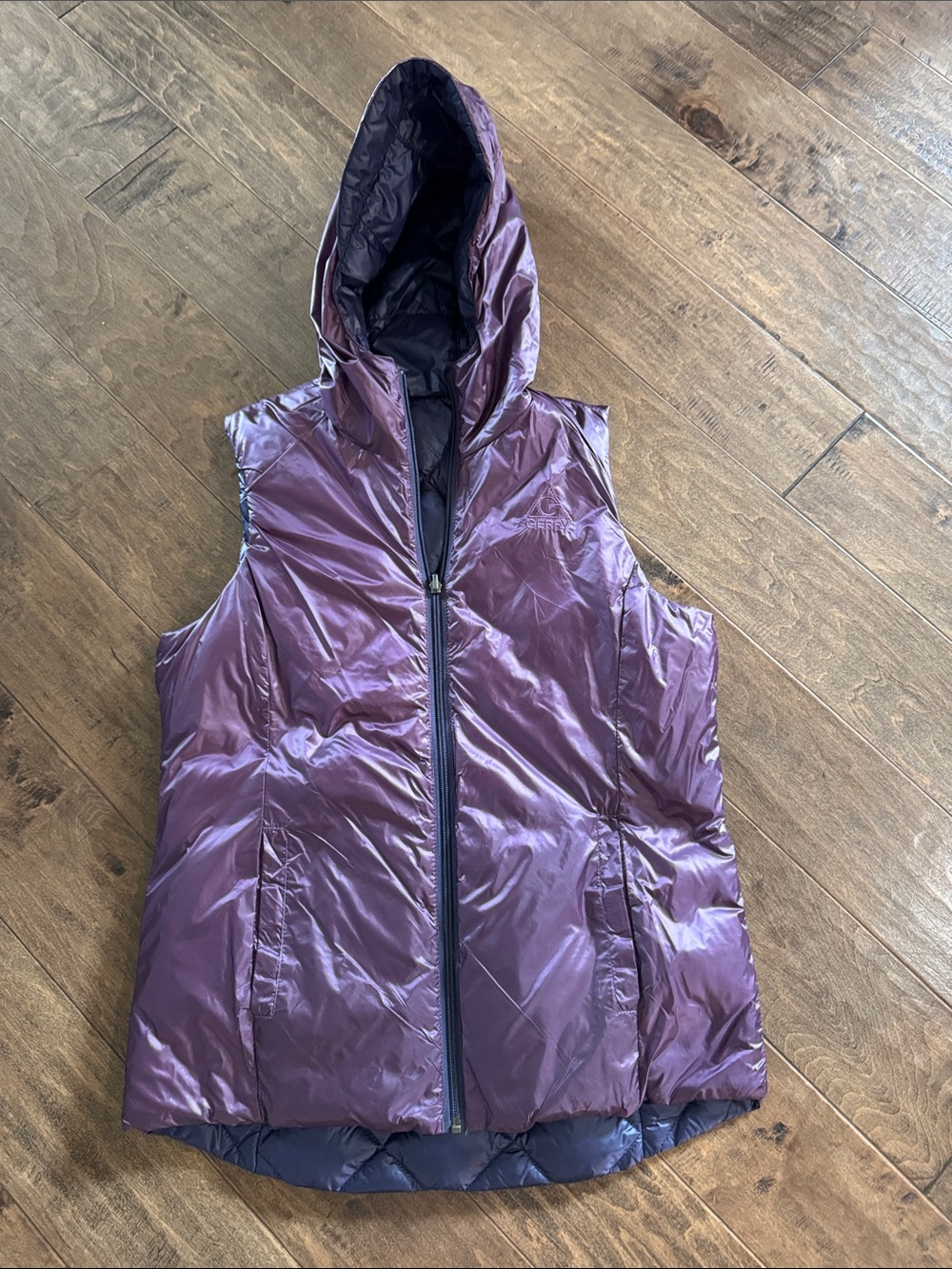 Gerry Weber Shiny Hooded Puffer Vest in Plum